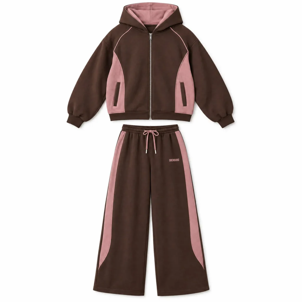 Brown & Pink Zip Hoodie & Wide-Leg Pants Set