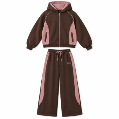 Brown & Pink Zip Hoodie & Wide-Leg Pants Set