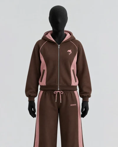 Brown & Pink Zip Hoodie & Wide-Leg Pants Set
