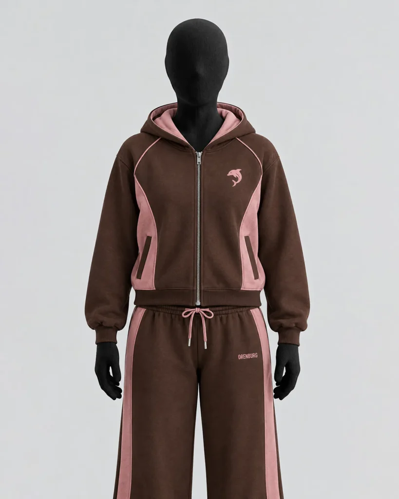 Brown & Pink Zip Hoodie & Wide-Leg Pants Set