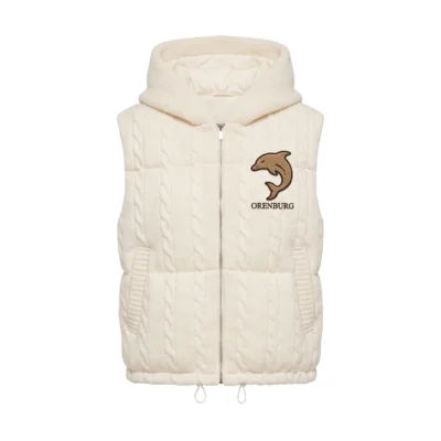Cream Cable-Knit Hooded Puffer Vest