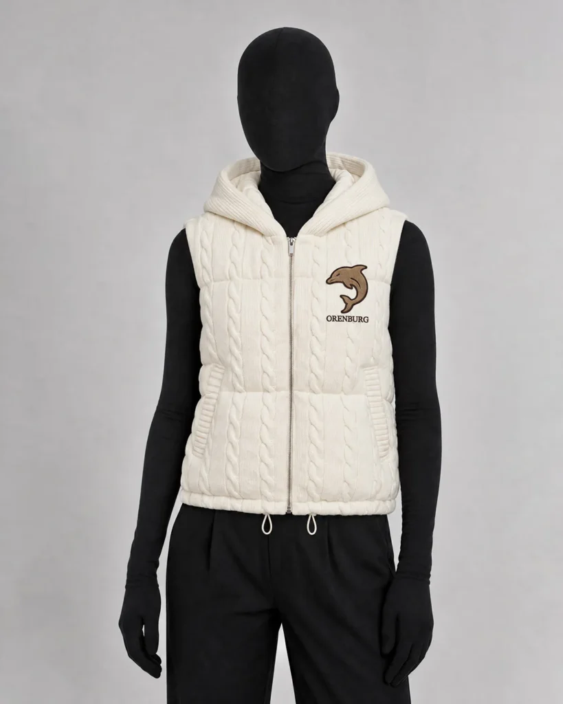 Cream Cable-Knit Hooded Puffer Vest