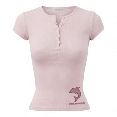 Pink Ribbed Henley Crop Top