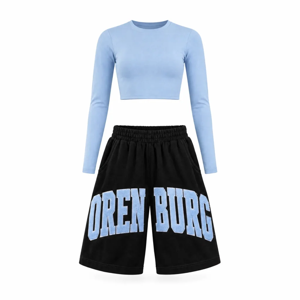 Sky Blue Long-Sleeve Crop Top & Black Shorts Set