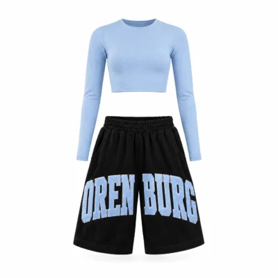 Sky Blue Long-Sleeve Crop Top & Black Shorts Set