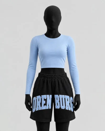 Sky Blue Long-Sleeve Crop Top & Black Shorts Set