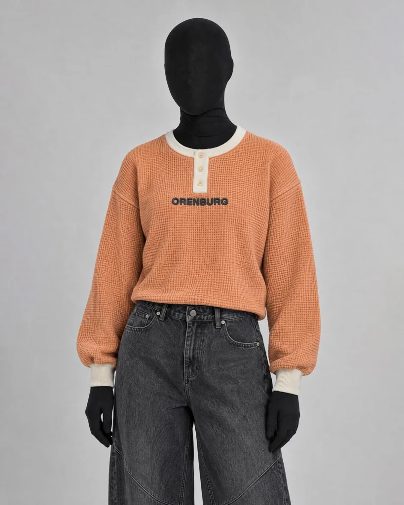 Terracotta Waffle-Knit Henley Sweater
