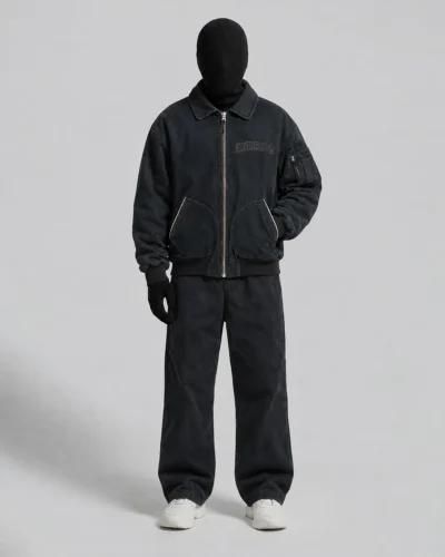 Washed Black Bomber Jacket & Wide-Leg Pants Set
