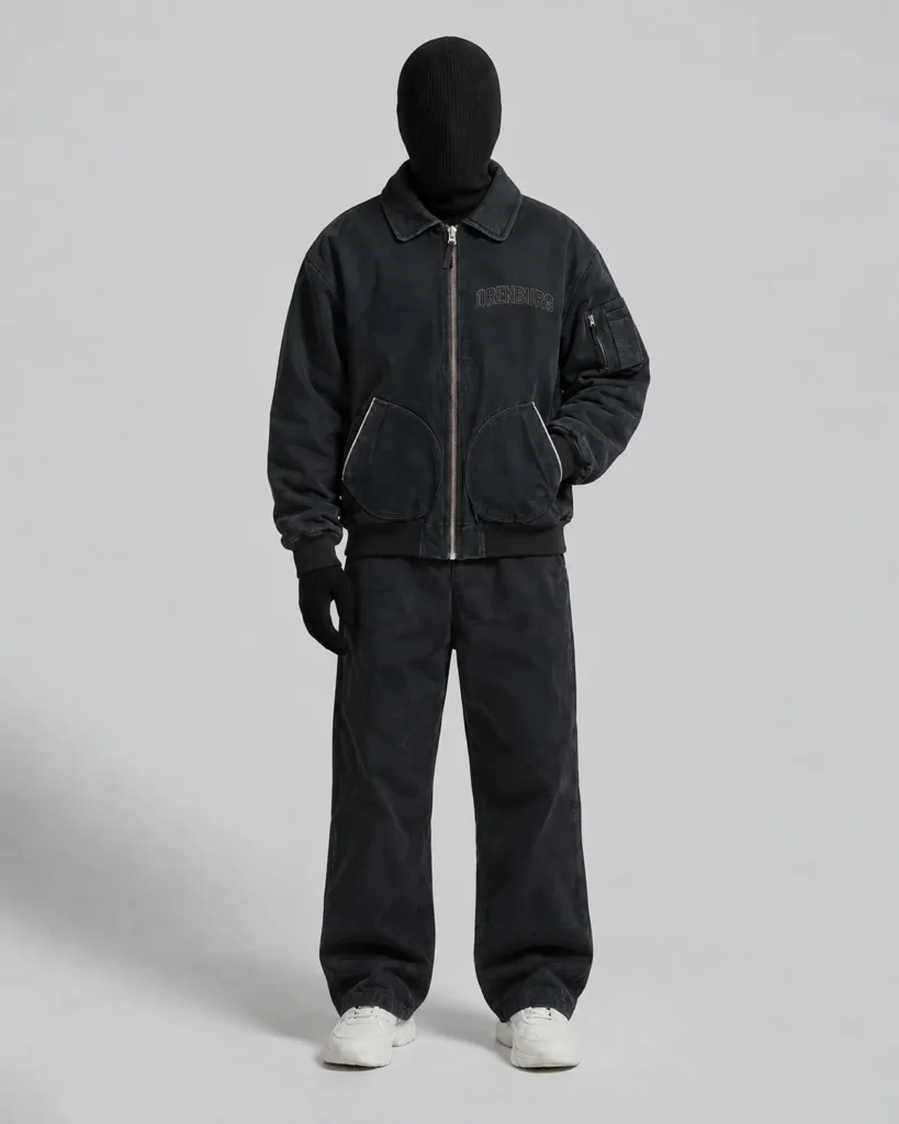 Washed Black Bomber Jacket & Wide-Leg Pants Set
